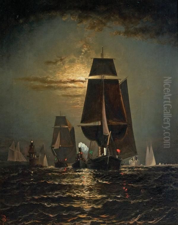 Sailing By Moonlight Oil Painting by Elisha (Taylor) Baker