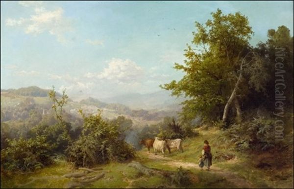 Aiti Ja Lapsi Paimentamassa Lehmia Oil Painting by Karl Feodorovich Guhn