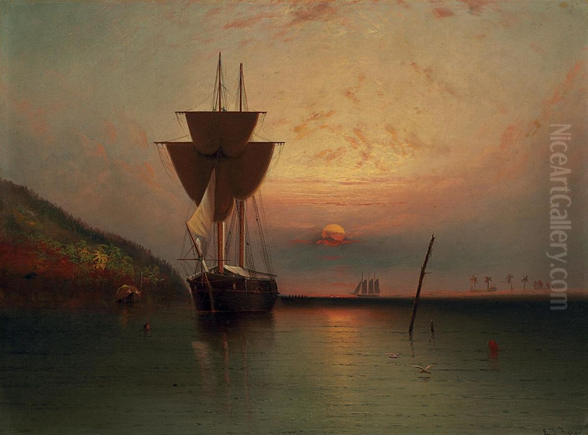 Ship In A Tropical Sunset Oil Painting by Elisha (Taylor) Baker