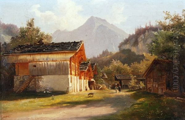Bauernhauser Im Haslital Oil Painting by Charles Louis Guigon