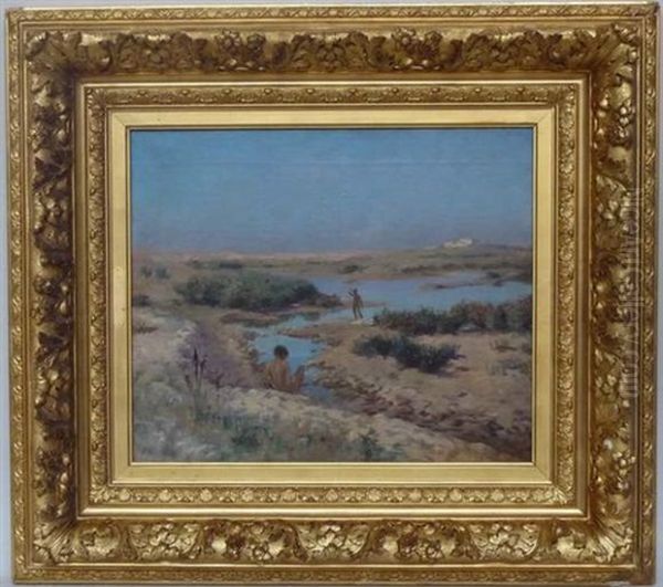 Enfants Au Bord De L'oued Oil Painting by Gustave Achille Guillaumet