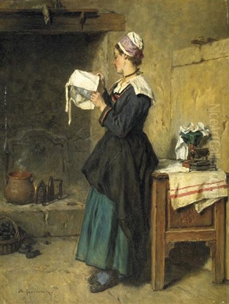 Magd Vor Dem Kamin Beim Bugeln Einer Haube Oil Painting by Alexandre Marie Guillemin