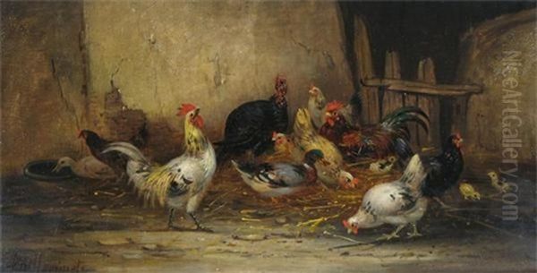 Chickens In A Barn Oil Painting by Claude Guilleminet