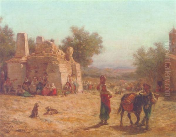 A Sunlit Italian Landscape With Peasants Resting By A Roman Ruin Oil Painting by Marius Andre Guindon