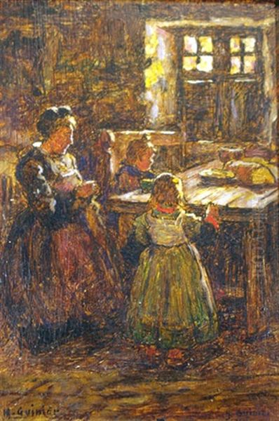 Bretonne A La Couture Et Ses Deux Enfants Oil Painting by Henri Guinier