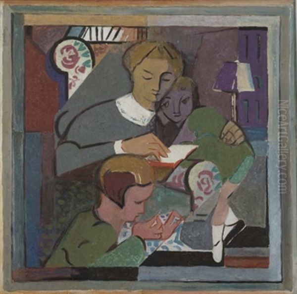 A Mothers Reading, With Children Listening And Sewing Oil Painting by May Guinness