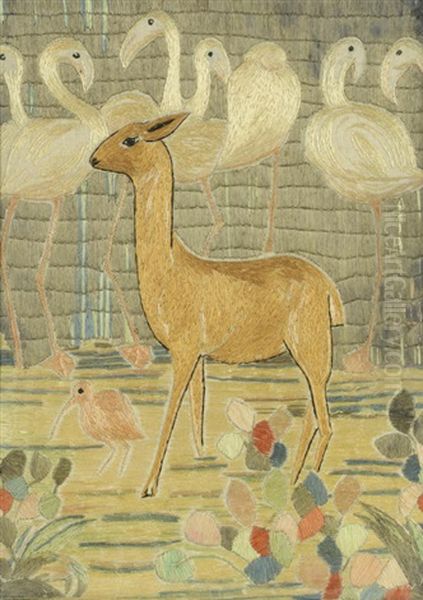 Young Fawn With Pink Flamingoes (+ Another; 2 Works) Oil Painting by May Guinness