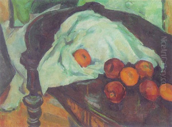 Still Life With Apples And A White Cloth Oil Painting by May Guinness