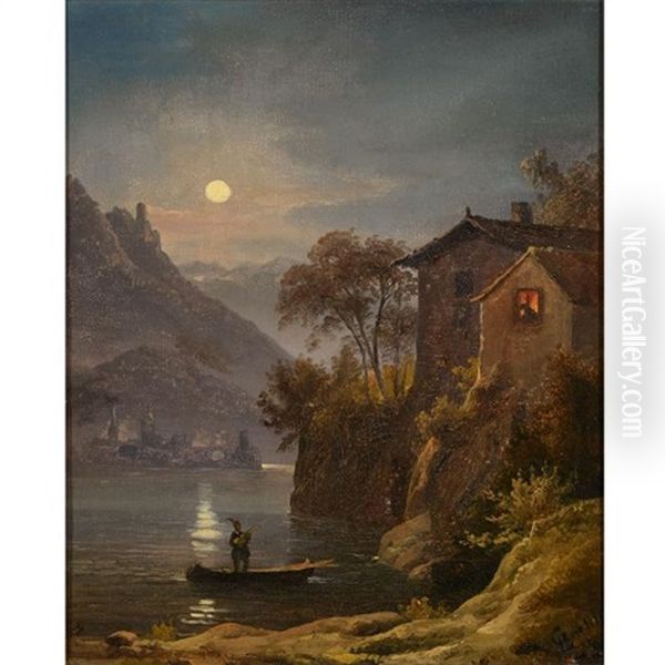 Night Scene, House At The Waters Edge Oil Painting by Louis Gurlitt