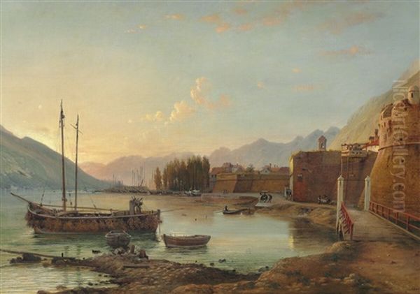 Small Harbour In The Southern Part Of Europe Oil Painting by Louis Gurlitt