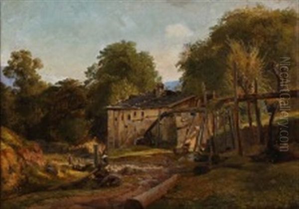 An Old Watermill In The Mountains Oil Painting by Louis Gurlitt