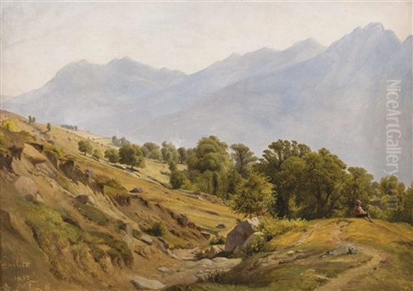 Sudtiroler Gebirgslandschaft Bei Dorf Tirol Mit Ruhendem Wanderbursch Oil Painting by Louis Gurlitt