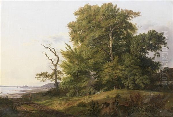 Wooded Landscape With Huntsman And Hounds, A View Of Kronborg Castle Beyond Oil Painting by Louis Gurlitt