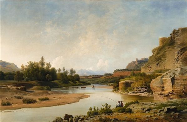 An Italian River Landscape Oil Painting by Louis Gurlitt