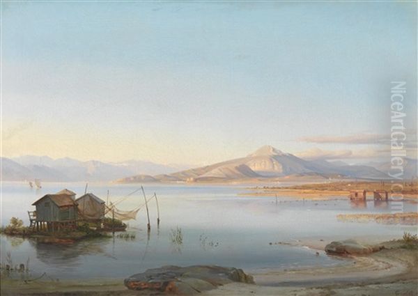 Seelandschaft Mit Fischerhutten Und Fischernetzen Oil Painting by Louis Gurlitt