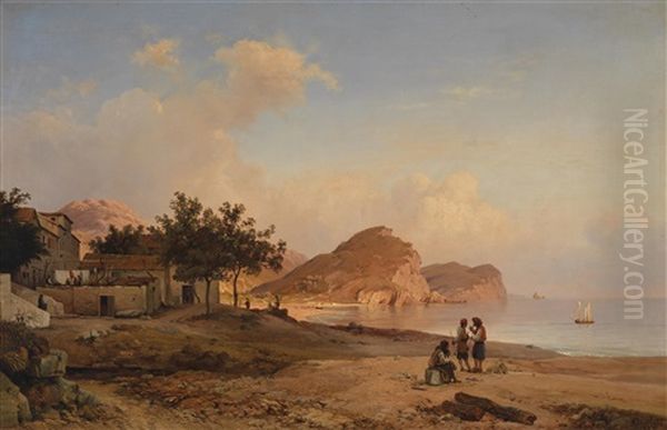 Bucht Von Ieranto Mit Fischern, Amalfikuste Oil Painting by Louis Gurlitt