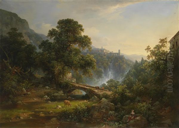 Blick Auf Eine Hochgelegene Stadt In Der Campagna Romana (tivoli?) Oil Painting by Louis Gurlitt