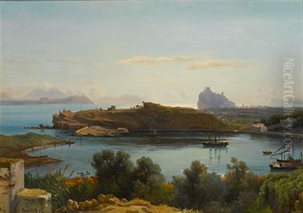 A View Of The Gulf Of Naples At Ischia With Aragonesi Castle In The Background Oil Painting by Louis Gurlitt