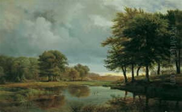 Bewaldete Landschaft Mit Rehen An Einem Gewasser Oil Painting by Louis Gurlitt