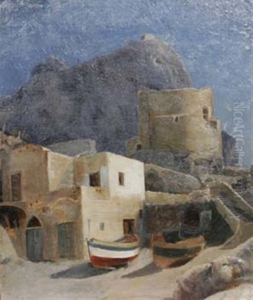 Fischerboote Vor Einem Kastell Am Strand Von Marina Piccola Auf Capri Oil Painting by Louis Gurlitt