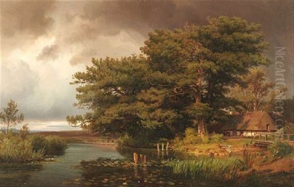Landschaft Bei Silkeborg Mit Einem Gehoft An Einem See Oil Painting by Louis Gurlitt