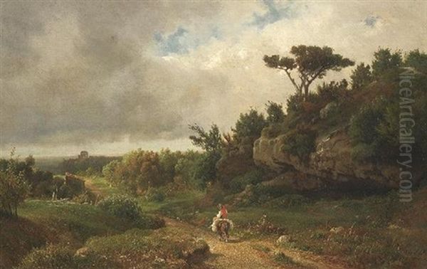Wandersmann Auf Seinem Maulesel In Der Toskana. Aufziehendes Gewitter Oil Painting by Louis Gurlitt