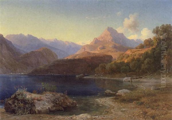 Gebirgssee (gardasee Mit Blick Auf Riva In Der Ferne Links?) Oil Painting by Louis Gurlitt