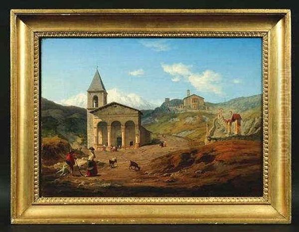 Italienische Berglandschaft. Im Mittergrund Eine Alte Kirche Mit Romischen Vorbau Oil Painting by Louis Gurlitt