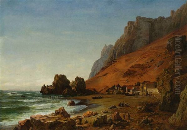 Fischerhauser Am Strand Vor Felsiger Steilkuste (gibraltar?) Oil Painting by Louis Gurlitt