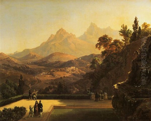 Elegant Figures Conversing On A Terrace, Sintra, Portugal Oil Painting by Louis Gurlitt