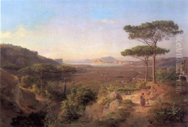 Italienische Kustenlandschaft Mit Einer Bauerin Und Kindern Oil Painting by Louis Gurlitt