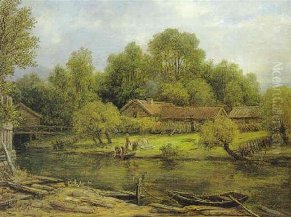 Tysk Landskab Med Gard Foran Hvilken Kvinde Der Vasker Toj Oil Painting by Louis Gurlitt