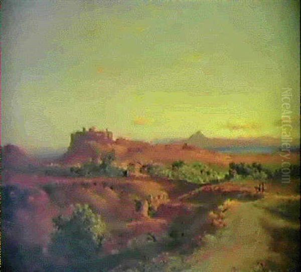 Vidstrakt Landskab Med Udsigt Mod Tempel Pa En Bjergtop Over En By, Graekenland Oil Painting by Louis Gurlitt