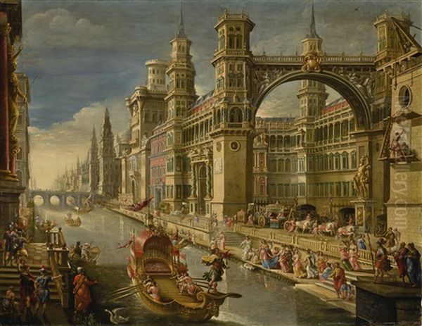 Extravagant Architectural Capriccio With A State Barge On A Canal And Pharaoh's Daughter Finding Moses Oil Painting by Francisco Gutierrez