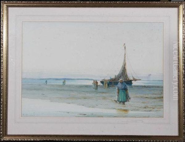 Fisherfolk And A Fishing Smack On A Continental Beach Oil Painting by William Charles Baker