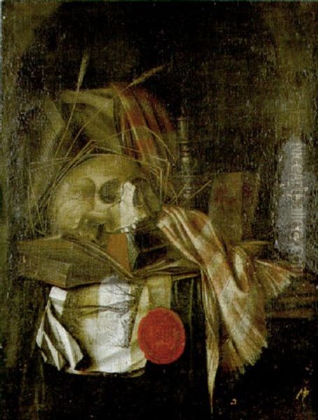 A Vanitas Still Life With A Snuffed Candle, Books, A Seal, A Print, A Skull And Ears Of Wheat In A Stone Niche Oil Painting by Cornelis Norbertus Gysbrechts