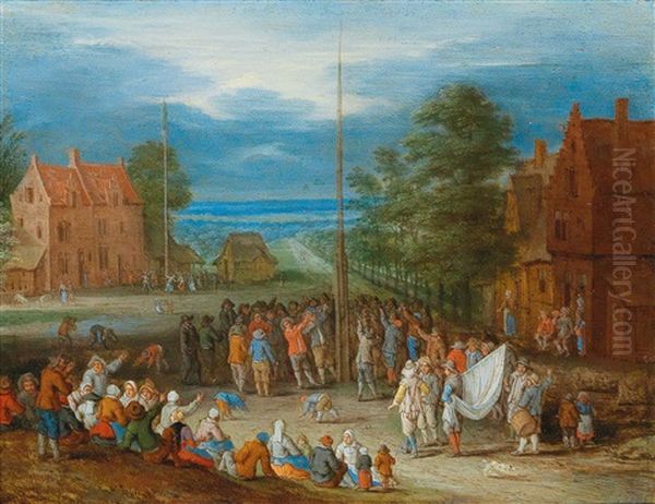 A Village Scene With Figures Shooting The Popinjay And Dancing Around A Maypole Oil Painting by Peter Gysels