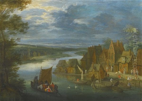 A Village By A River With A Sailing Boat; A Village By A River With Fishermen (pair) Oil Painting by Peter Gysels