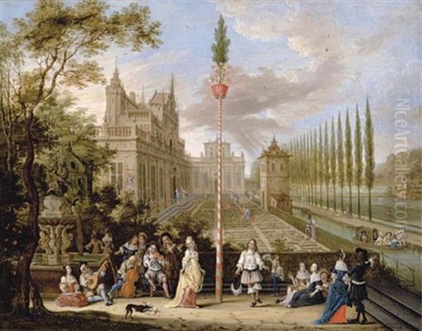 Elegant Company Making Music With A Lady And A Gentleman Dancing Around A Maypole, A Palace With An Ornamental Garden Beyond Oil Painting by Peter Gysels