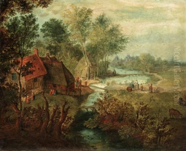 A Rural Landscape With Cottages By A Stream Oil Painting by Peter Gysels