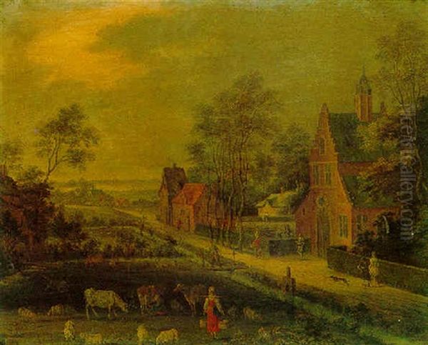 A Landscape With Cattle, A Milkmaid And Other Figures Promenading Oil Painting by Peter Gysels