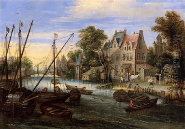 Handels Und Fischerboote Auf Einem Kanal, Rechts Ein Dorf Oil Painting by Peter Gysels