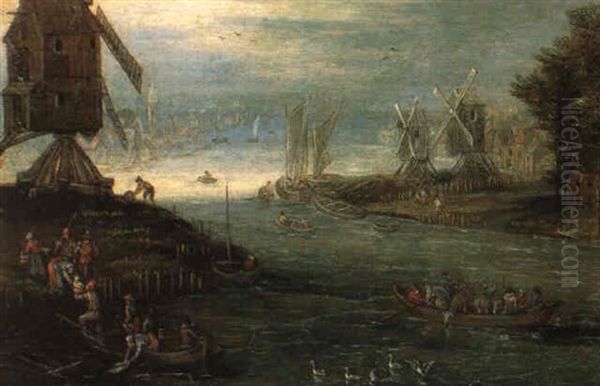 Paysage Fluvial Anime Avec Moulin Oil Painting by Peter Gysels