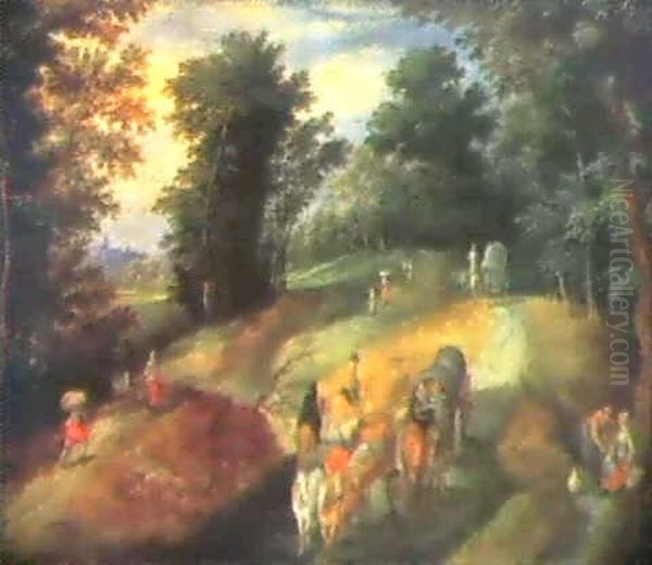 Travellers On A Wide Road In A Wooded Landscape Oil Painting by Peter Gysels