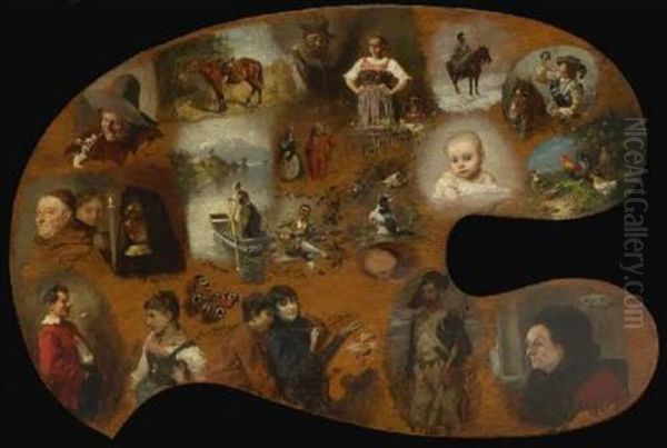 Kunstlerpalette Mit Einer Kunstlerin Mit Palette Und Verschiedenen Darstellungen Von Anderen Kunstlern (collab. W/various Other Artists) Oil Painting by Nikolaus Gysis