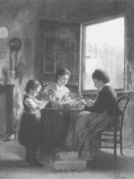 Blumenbinderinnen Mit Kleinem Madchen In Einem Interieur Oil Painting by Carl Haag
