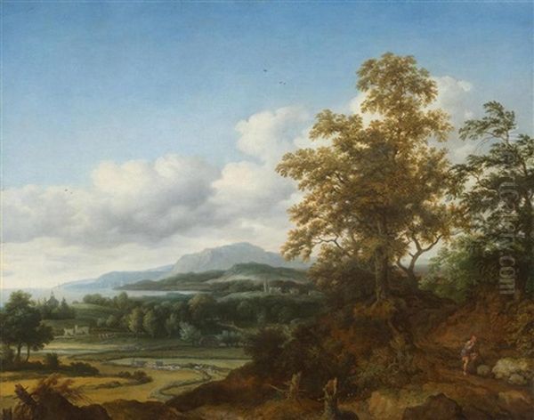 View Of A Lake Landscape With A Group Of Trees In The Foreground Oil Painting by Joris van der Haagen or Hagen