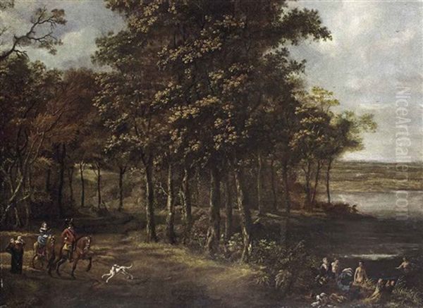 A Forest Landscape With An Elegant Company On Horseback And Bathers Oil Painting by Joris van der Haagen or Hagen