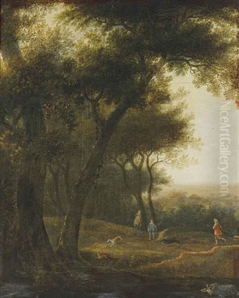 A Wooded Landscape With A Hunting Party Oil Painting by Joris van der Haagen or Hagen