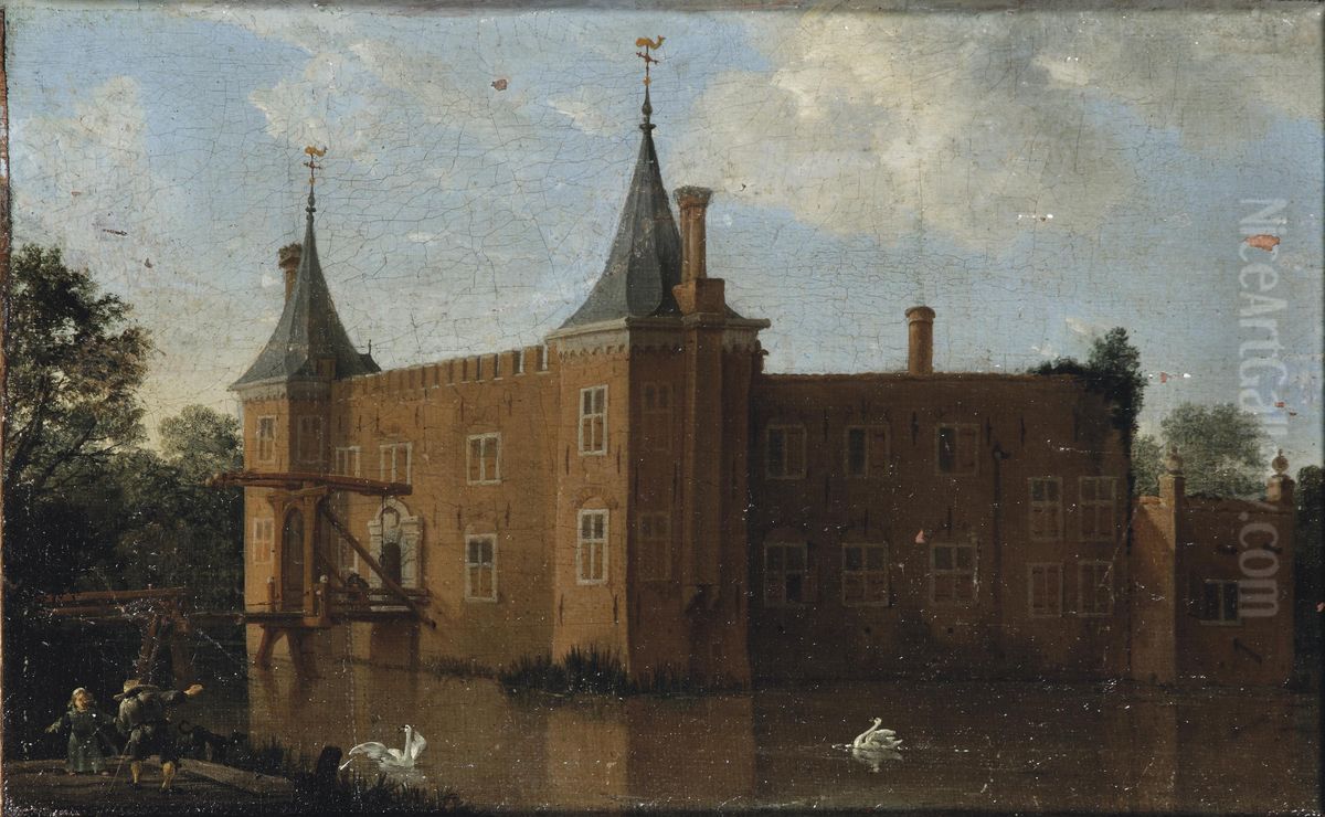 A View Of Ilpenstein Castle, Ilpendam, With Figures On The Drawbridge And Children Playing In The Foreground Oil Painting by Joris van der Haagen or Hagen